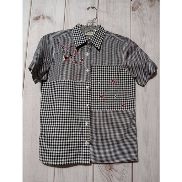 Classic Elements Shirt Ladies Extra Small Petite Black Gingham Button Front Embr - Picture 1 of 8